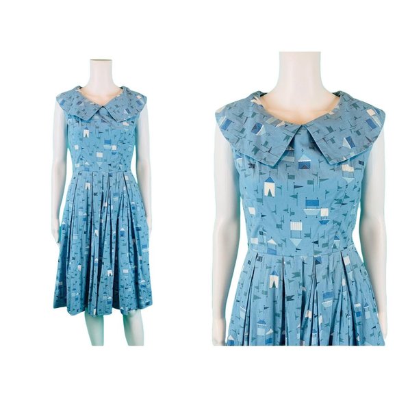 Vintage 50s Novelty Print Dress Blue White Tent Flags Cotton SundressW 25